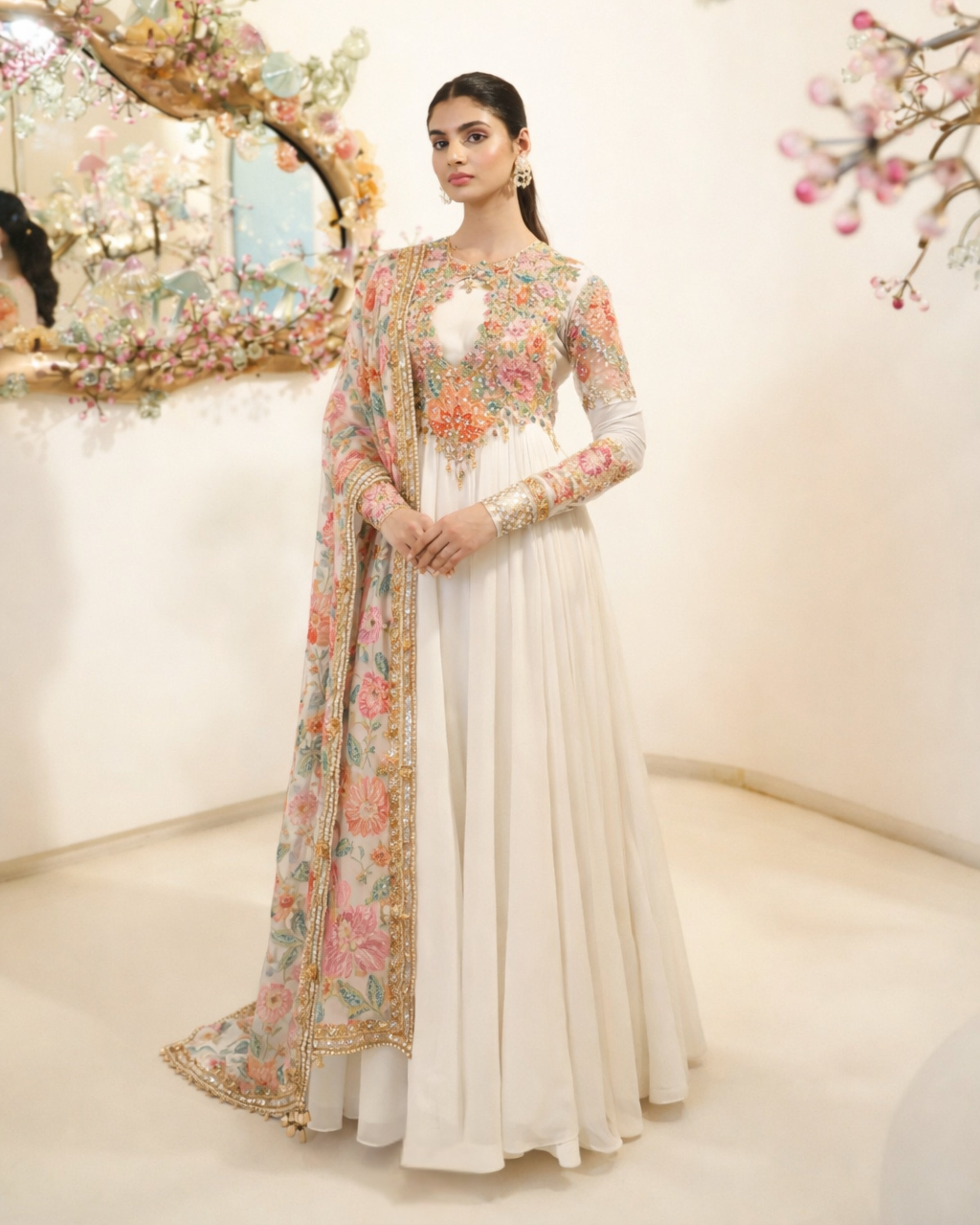 IVORY MULTI FLOWER ANARKALI SET WITH HEAVY DUPATTA SET