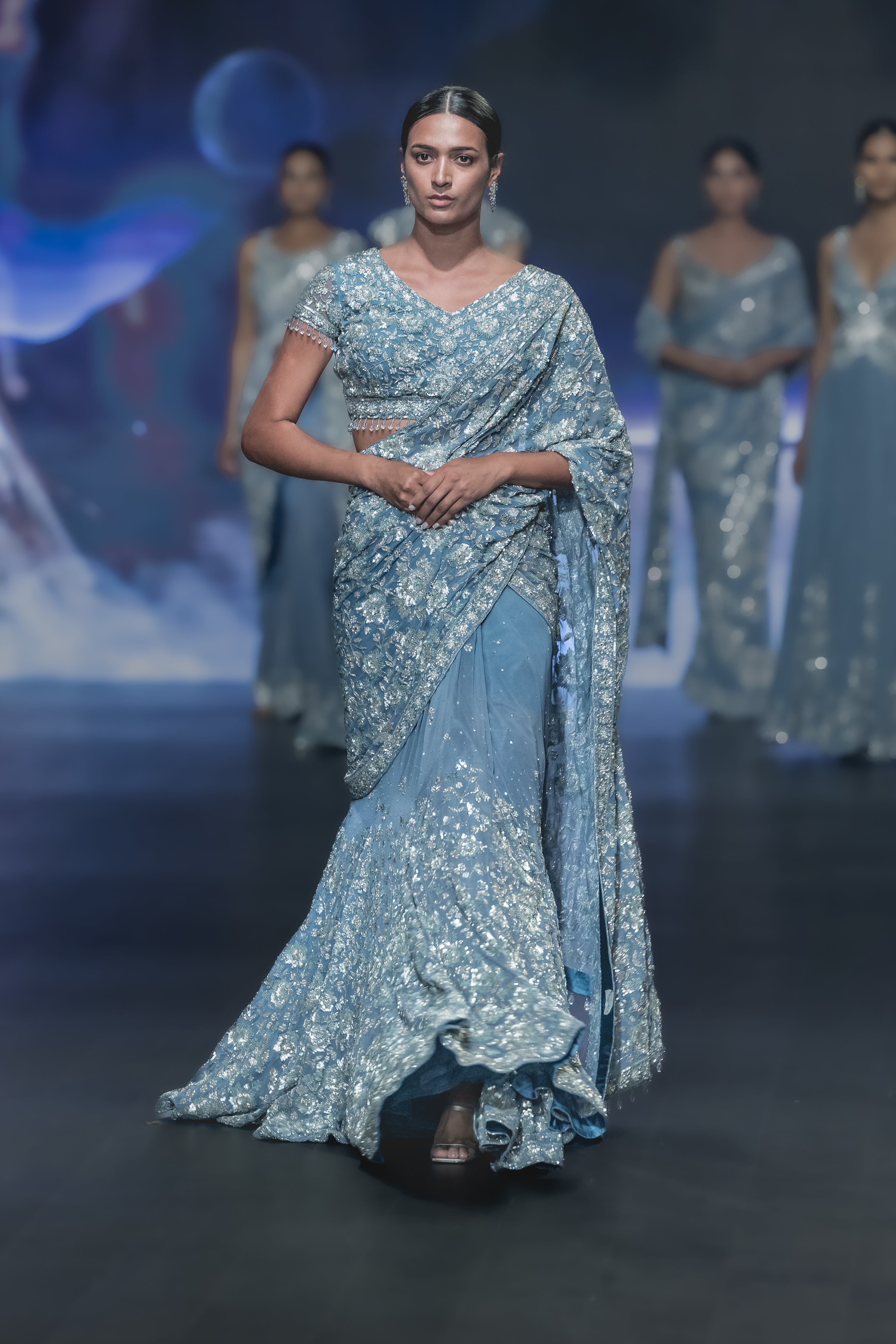 TEAL SILVER LEHNGA SAREE SET