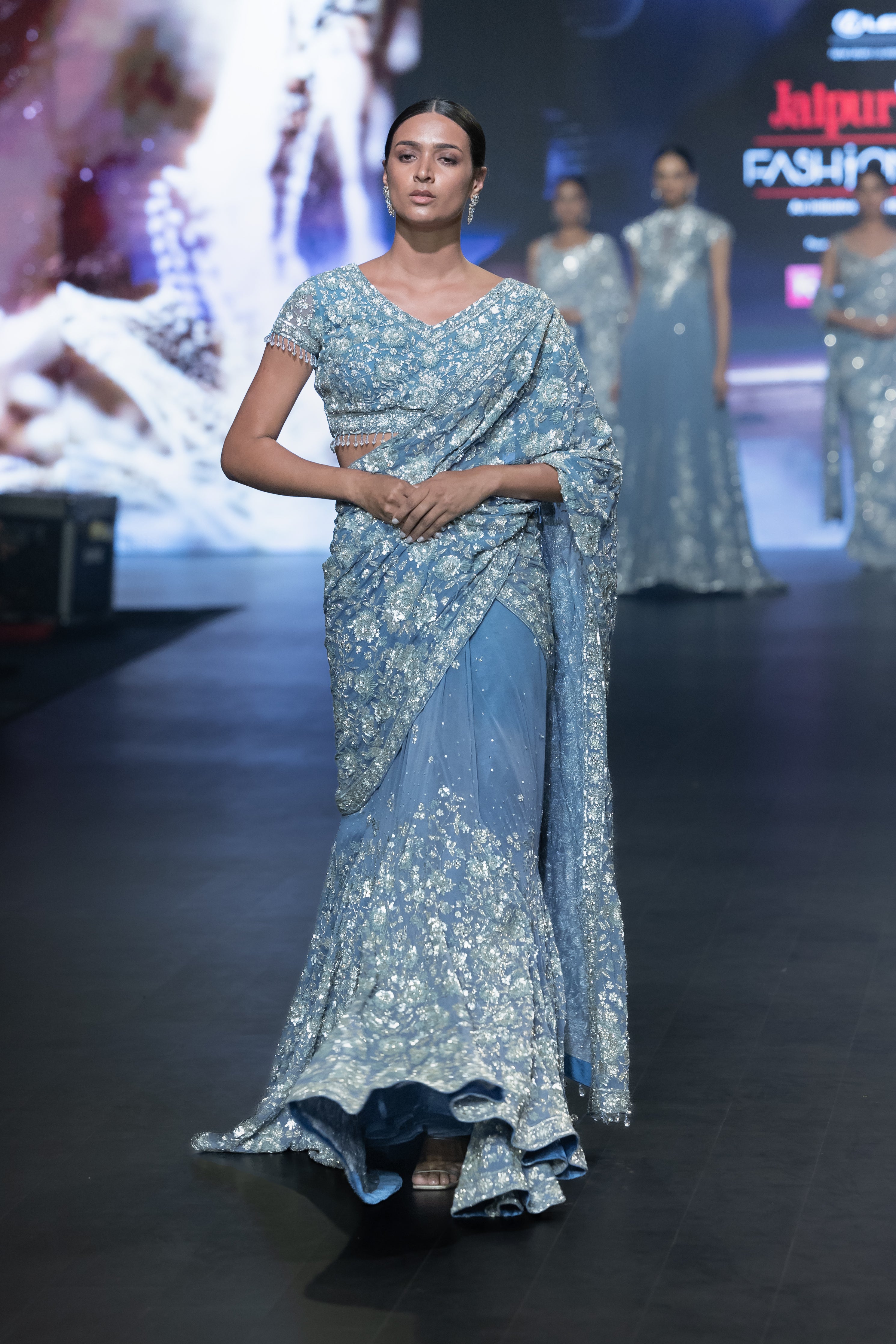 TEAL SILVER LEHNGA SAREE SET