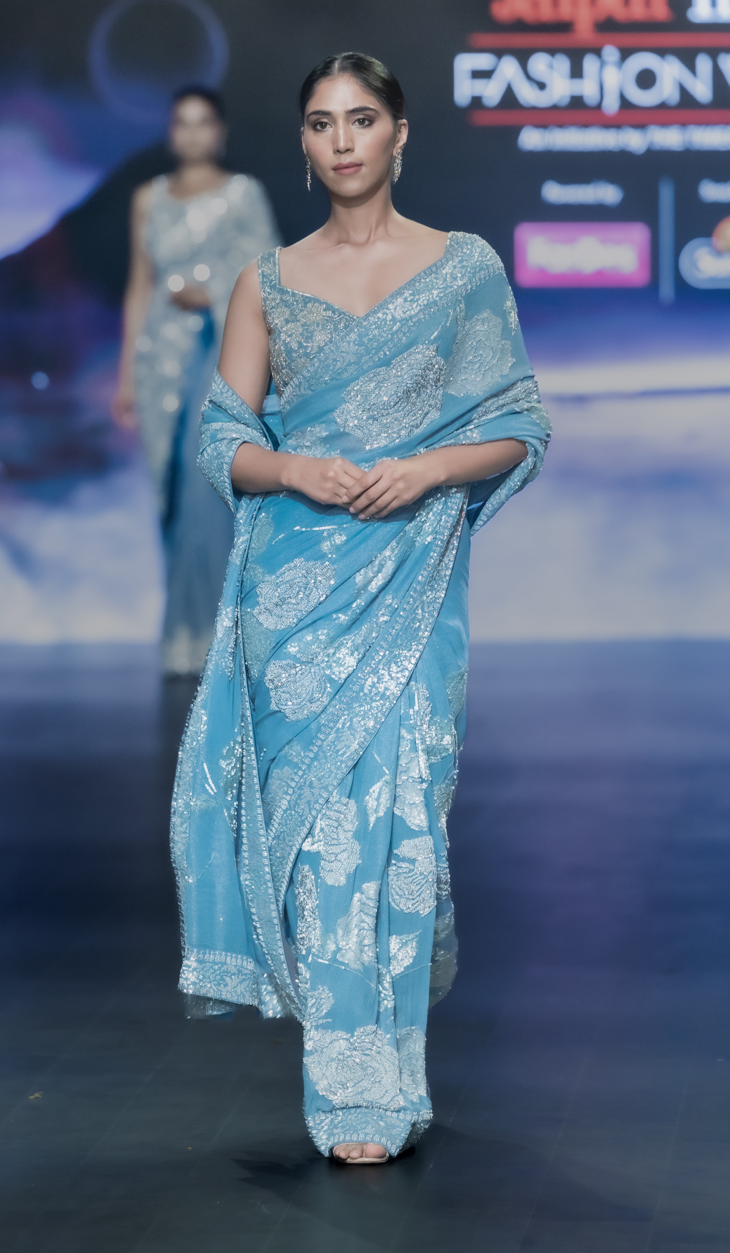 TEAL BLUE ROSES SAREE SET