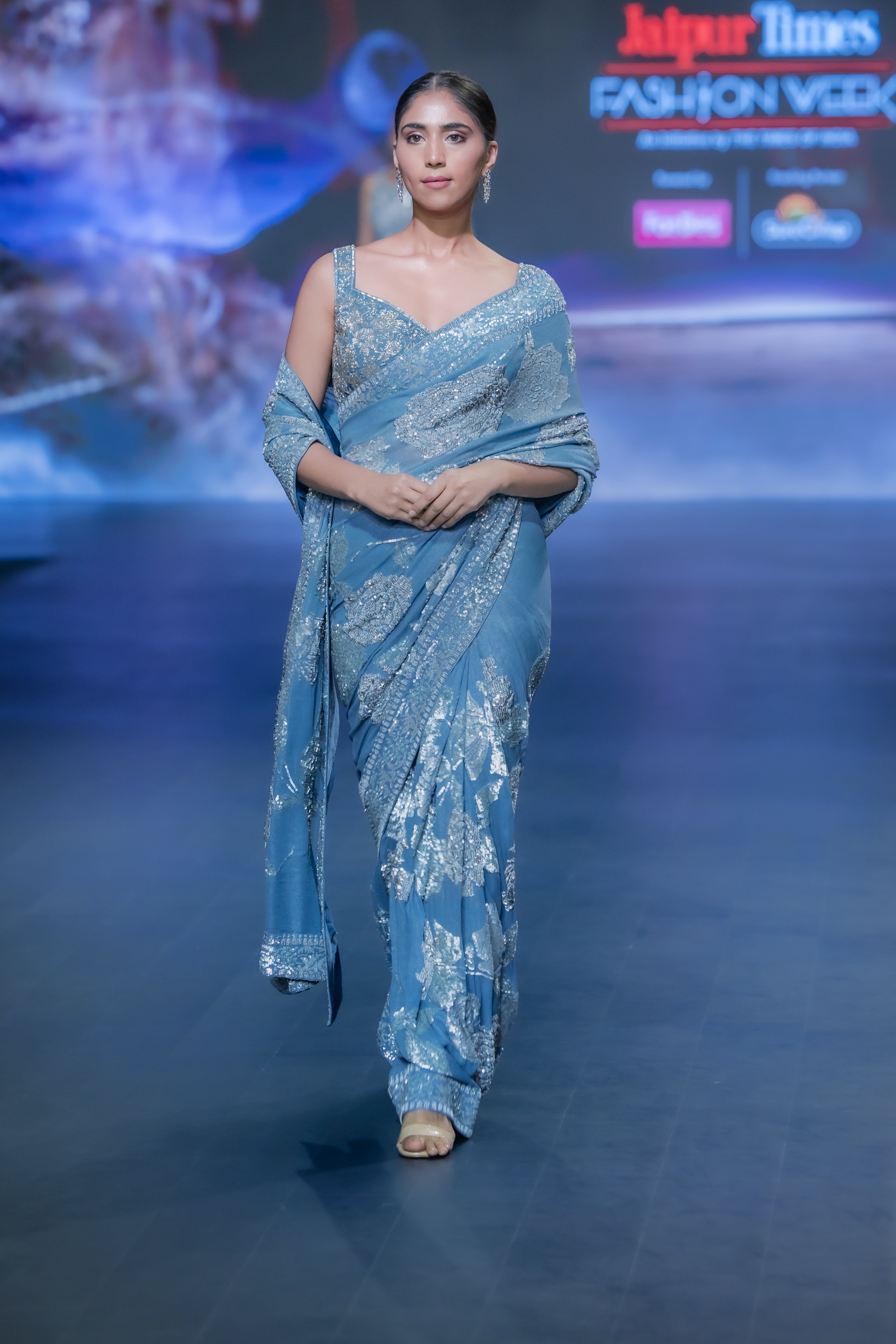 TEAL BLUE ROSES SAREE SET