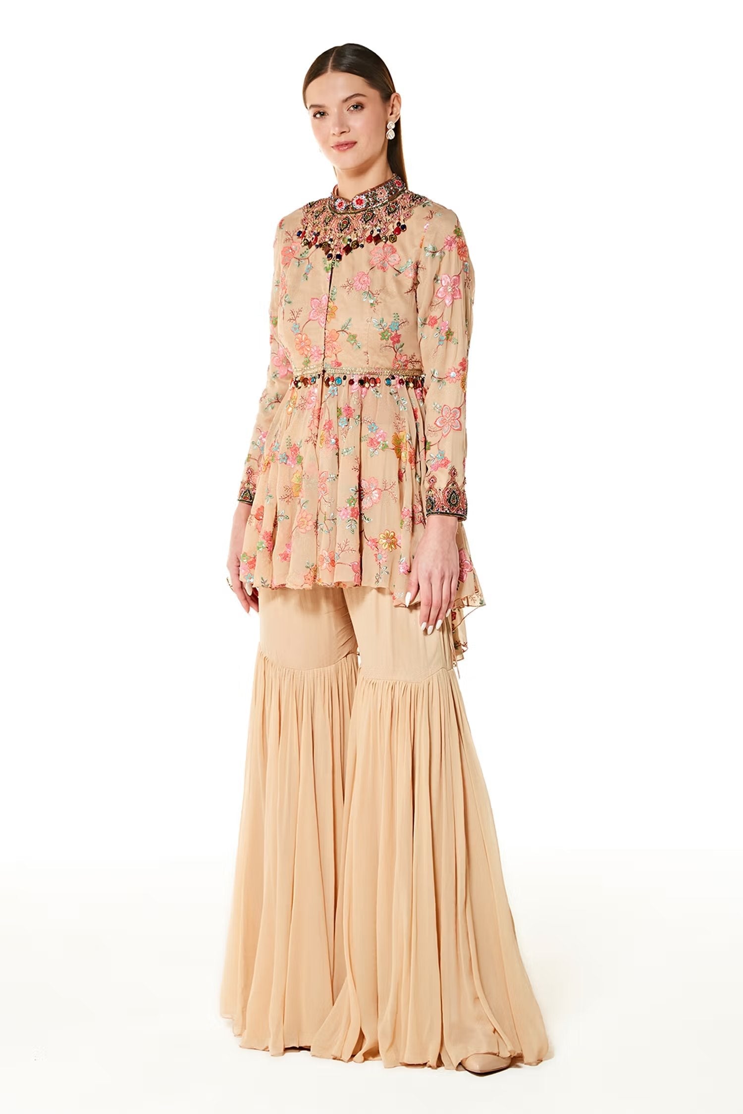 Beige Dalia Stone Peplum And Sharara Set - Sale