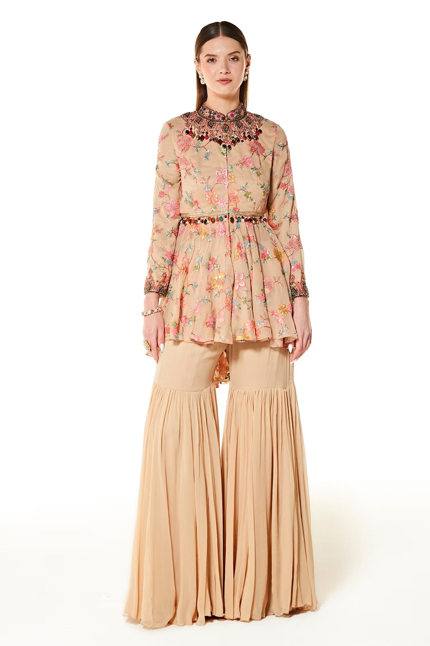 Beige Dalia Stone Peplum And Sharara Set - Sale