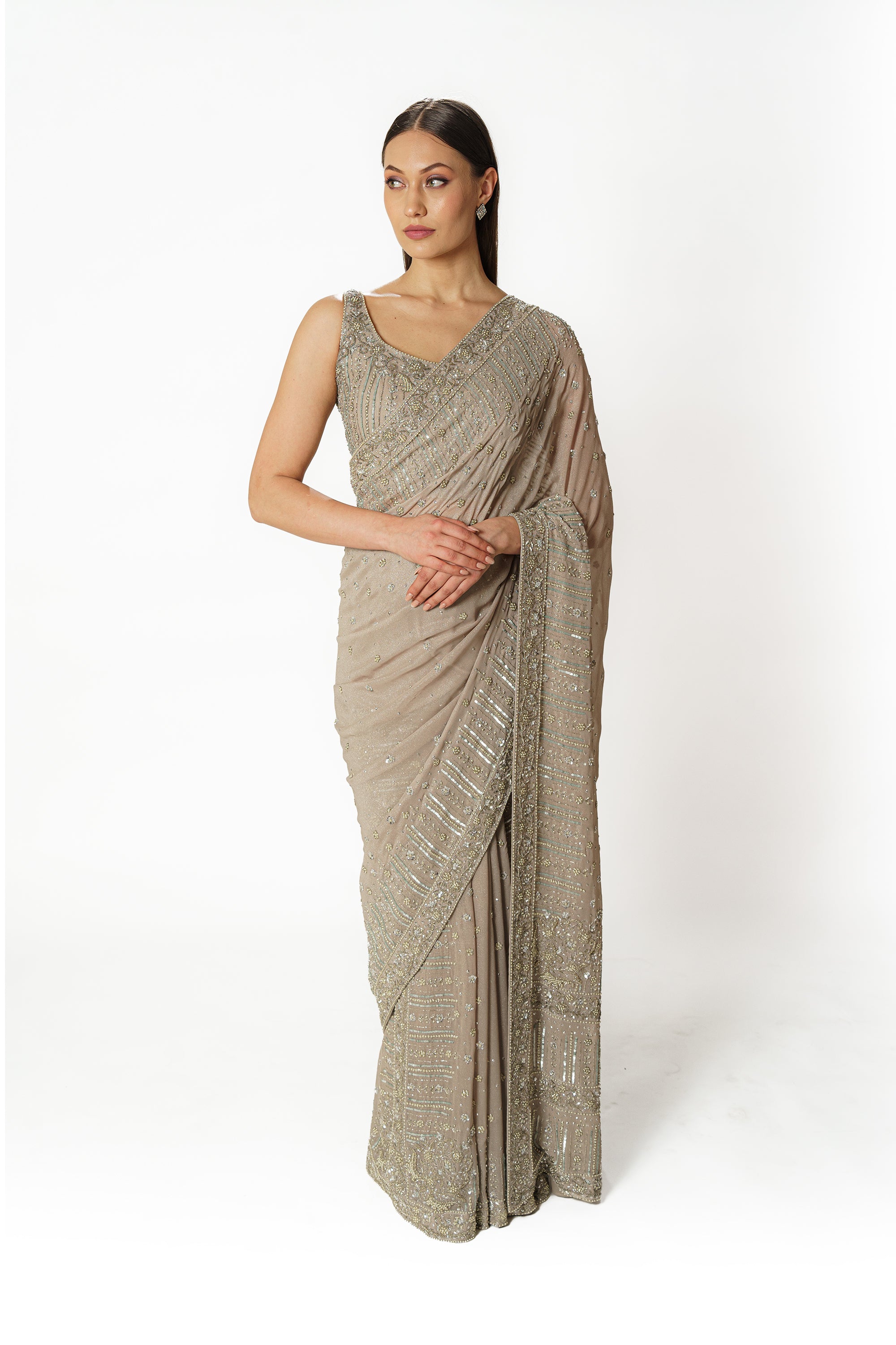 Zaynab silver grey shimmer sari set
