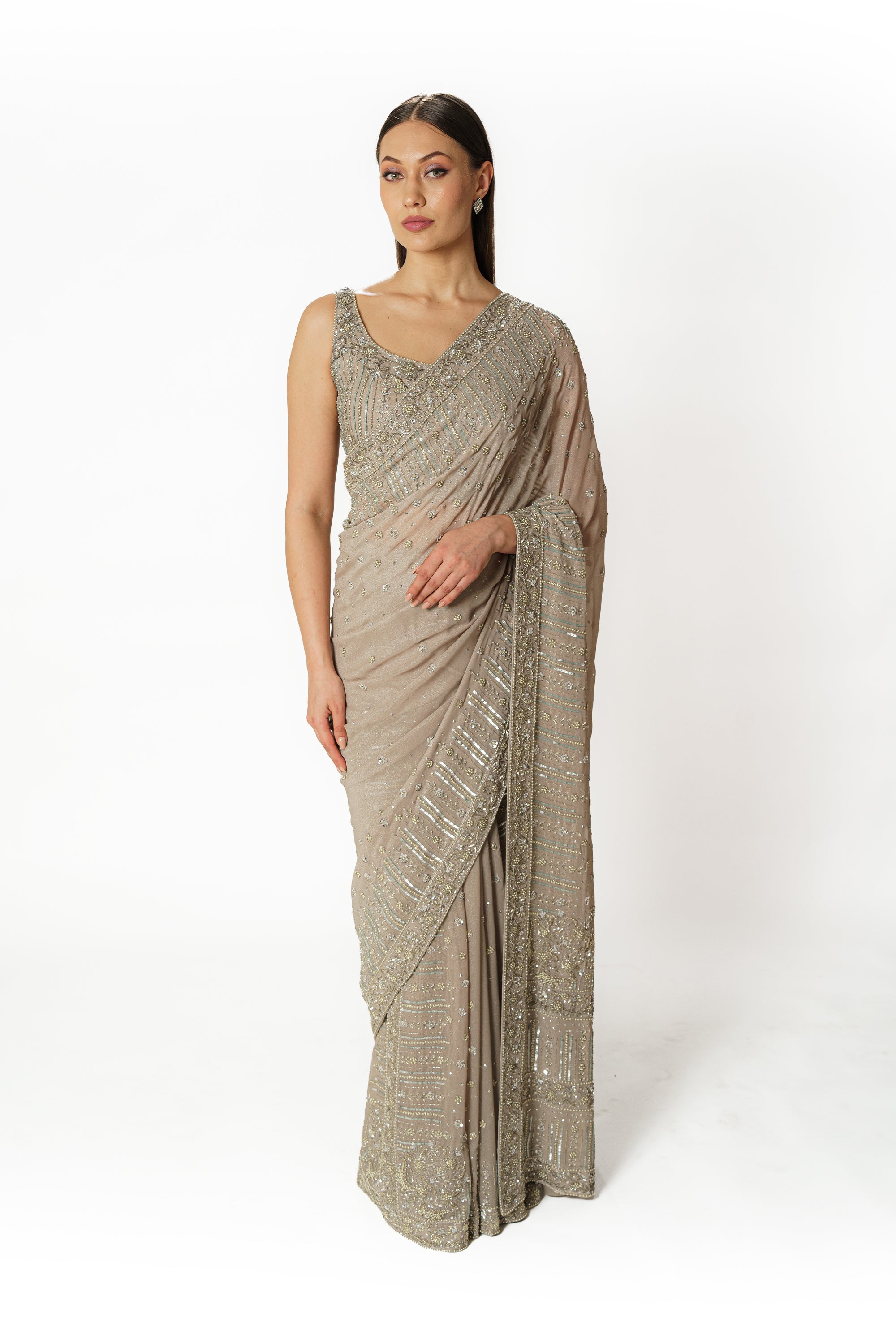 Zaynab silver grey shimmer sari set
