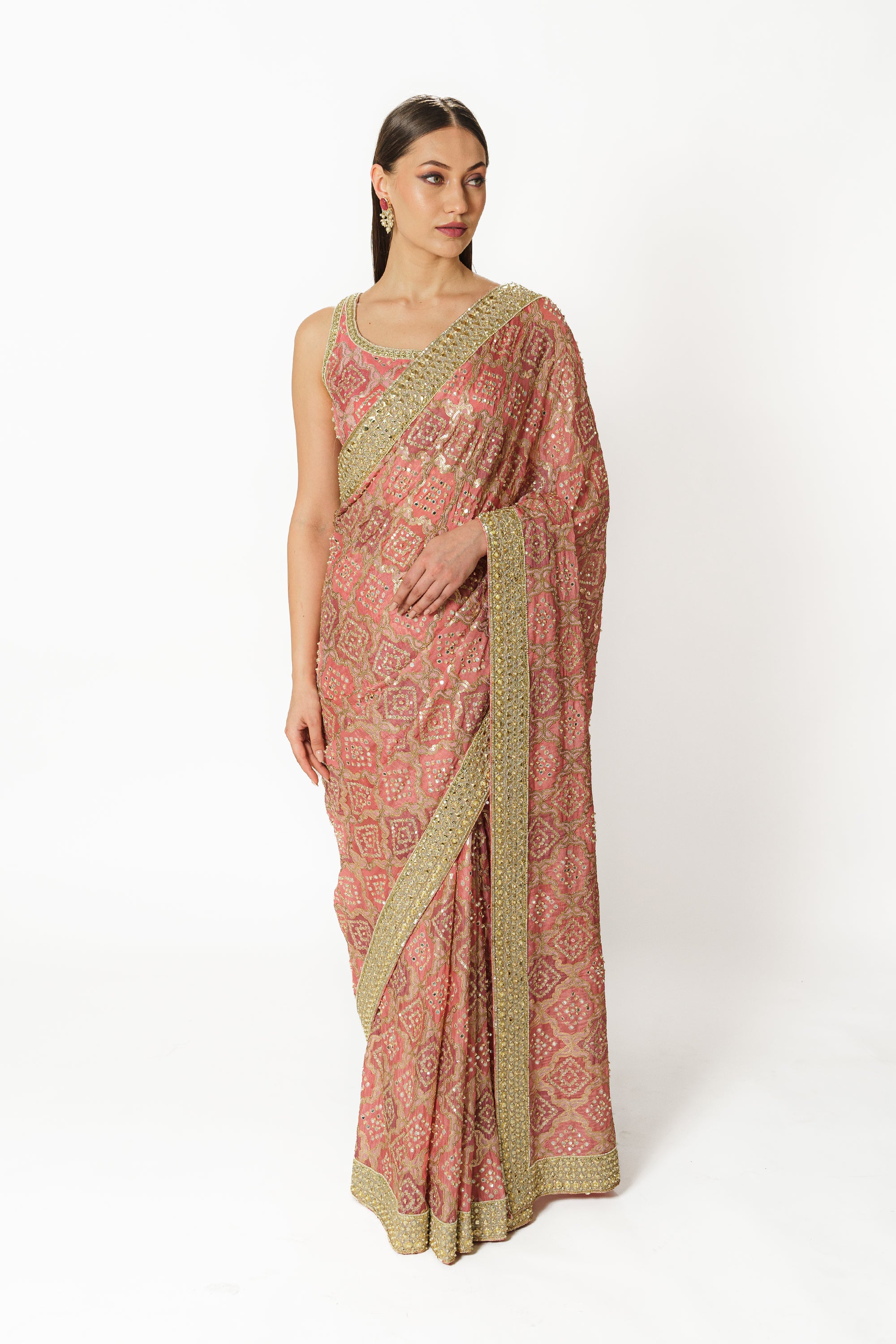 Zaynab pink hand embroidered bandhani sari set