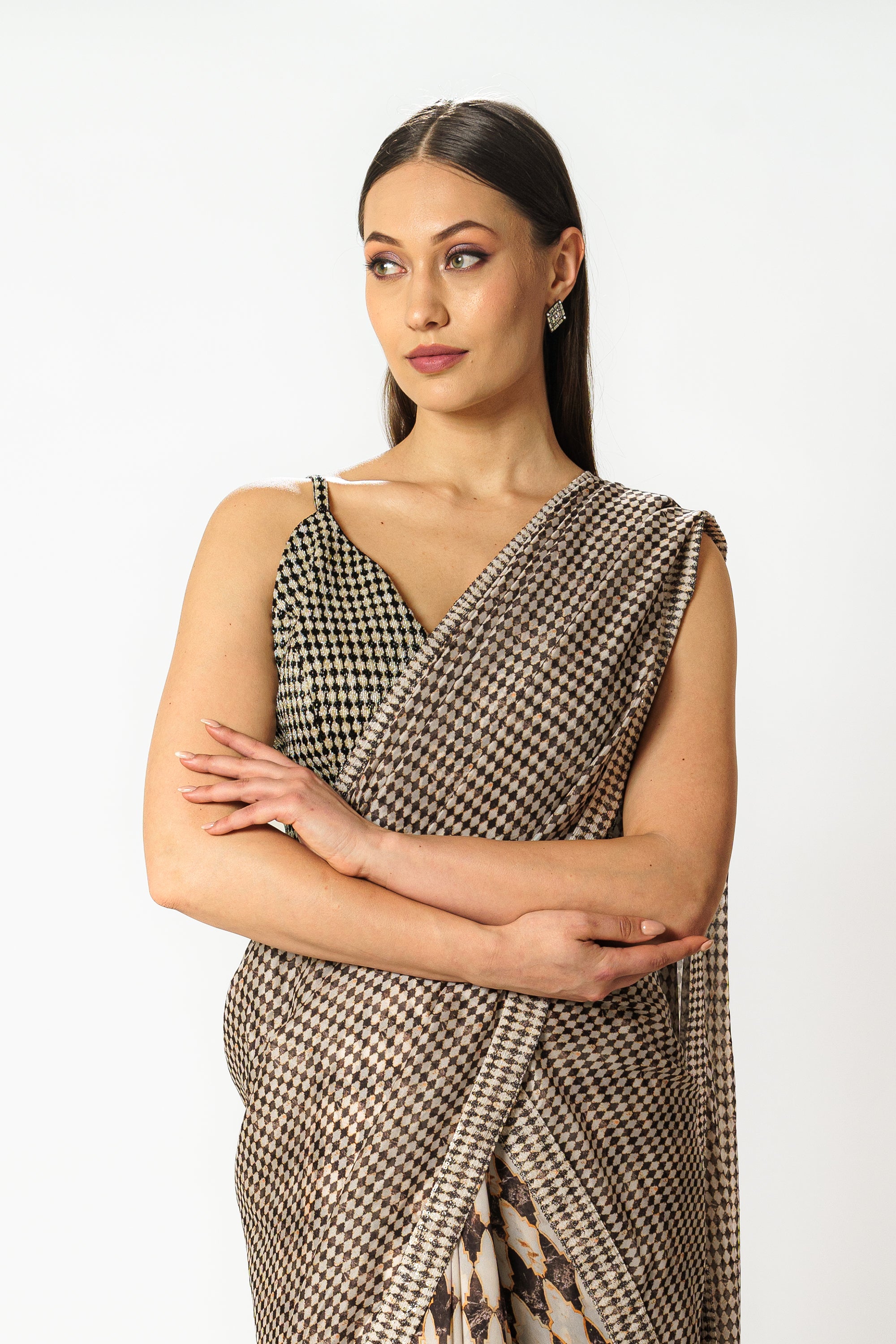 Adha black and white printed lehenga sari set