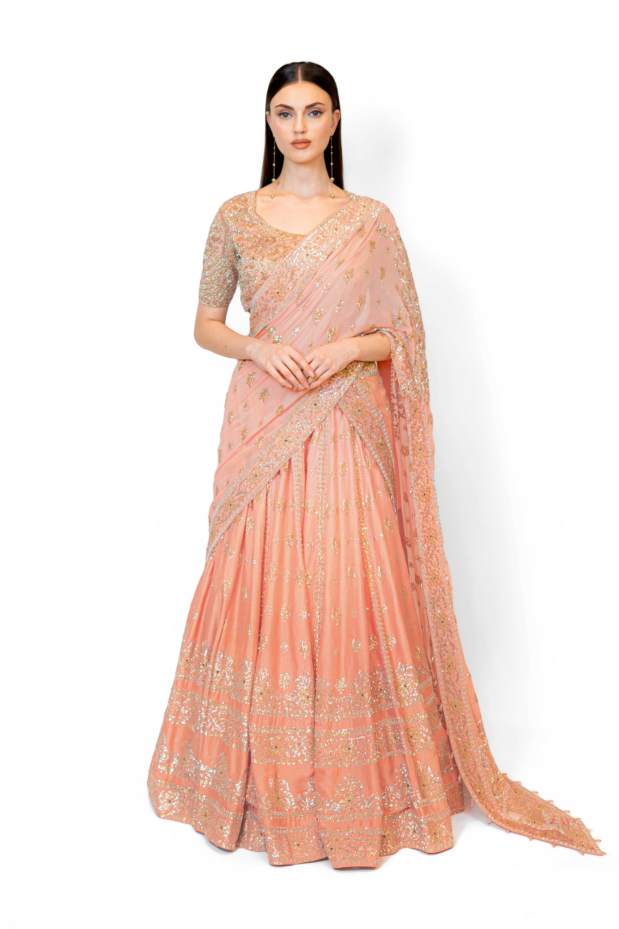 Shaded Peach Dupion Silk NADIA LEHENGA SET