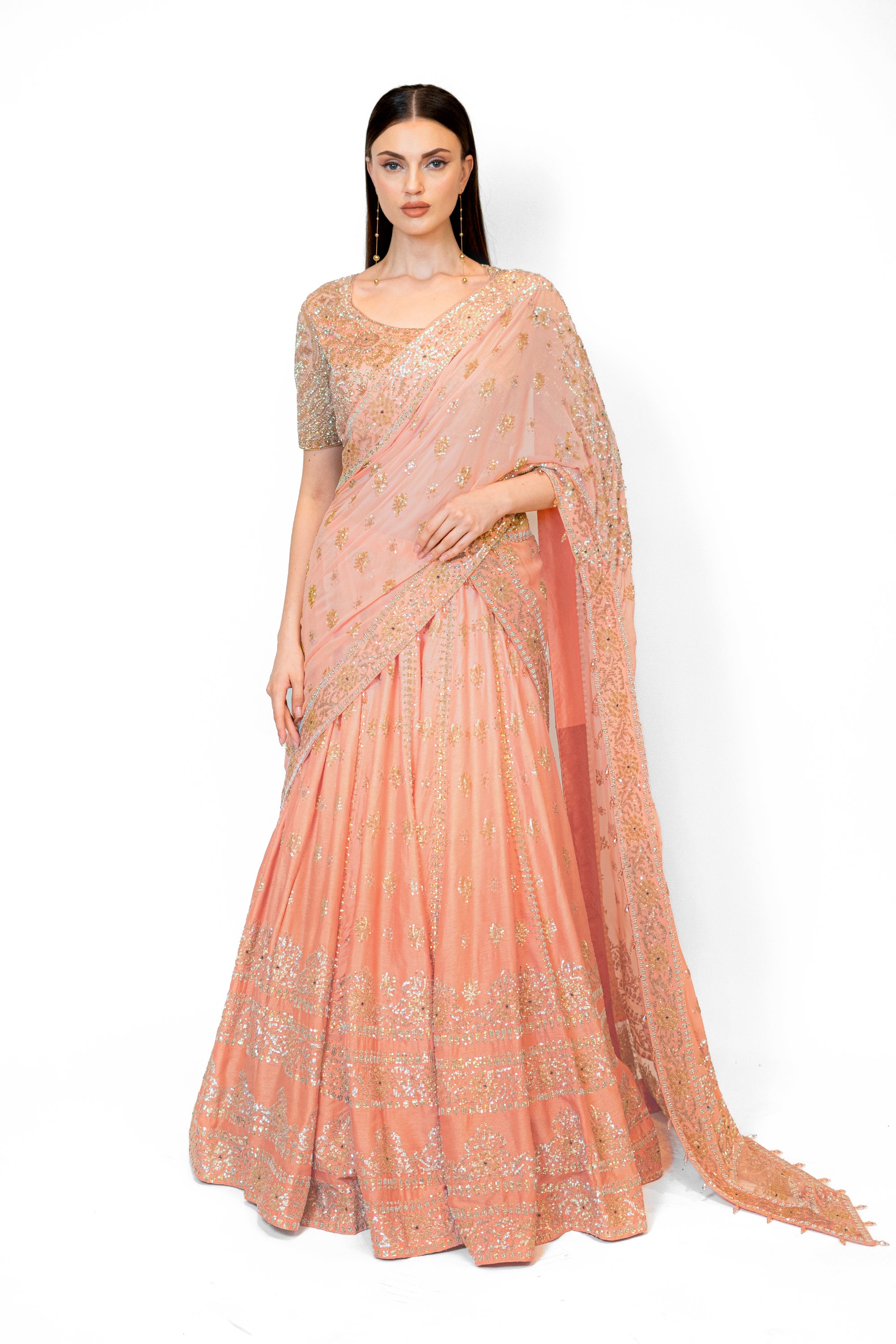 Shaded Peach Dupion Silk NADIA LEHENGA SET