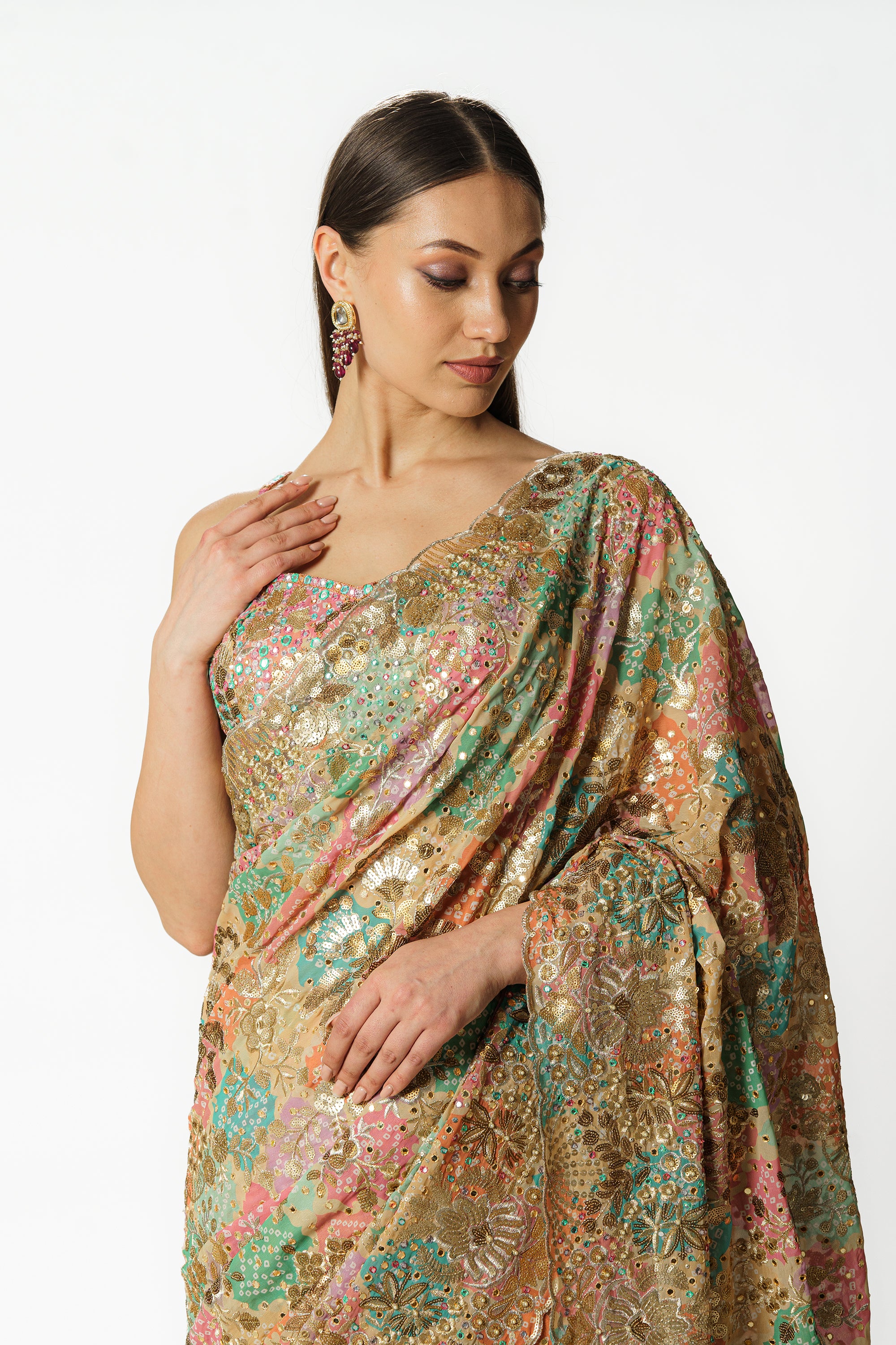 Zaynab multi color bandhani sari set