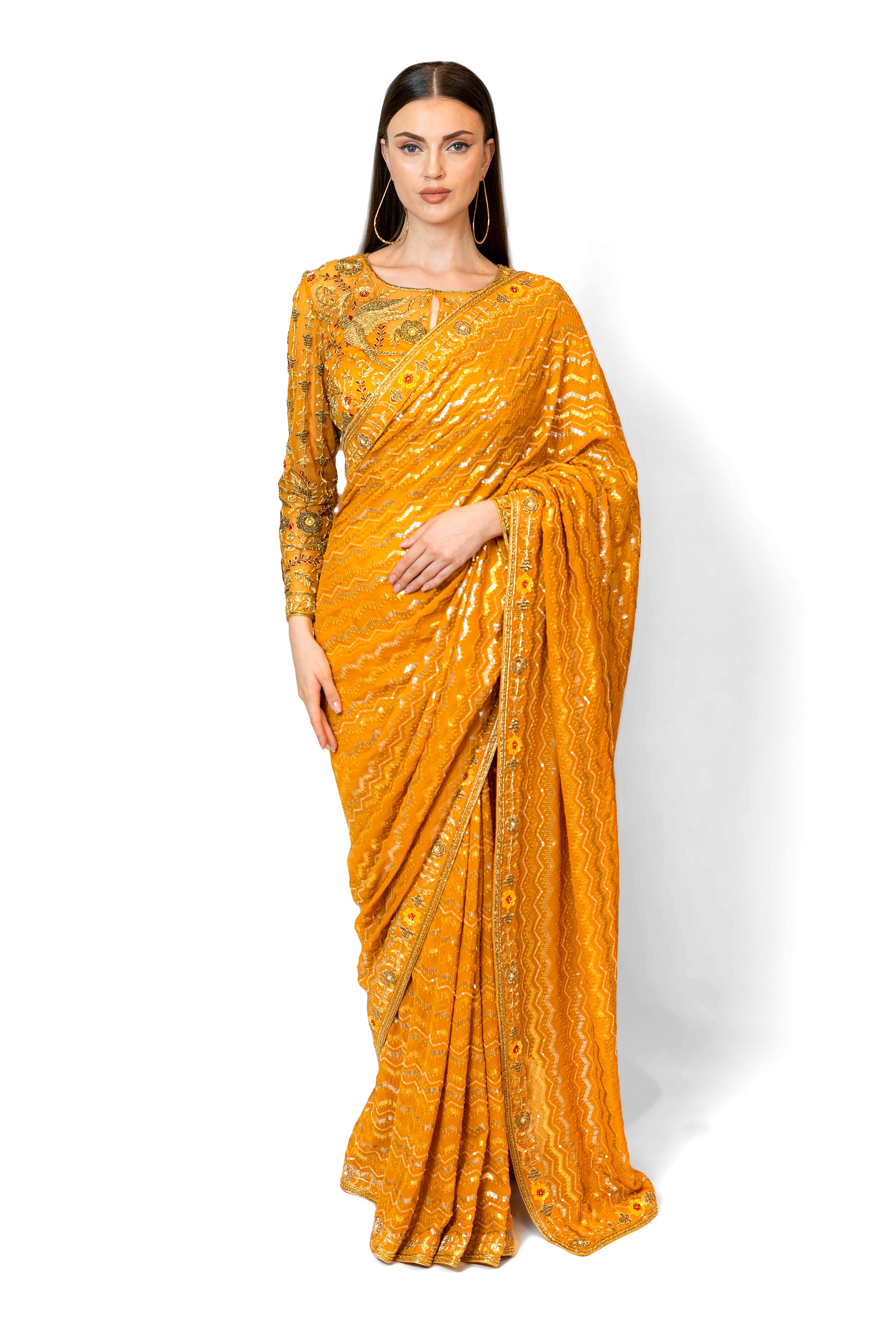 Mustard Yellow Sequined Georgette ZAYNAB SARI SET