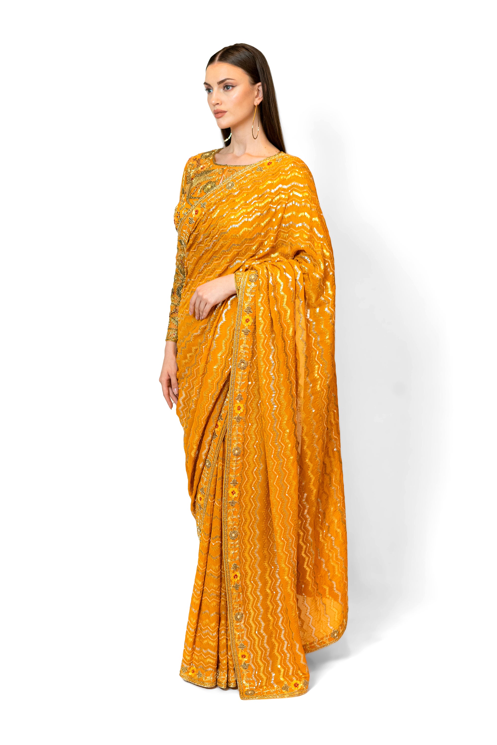 Mustard Yellow Sequined Georgette ZAYNAB SARI SET