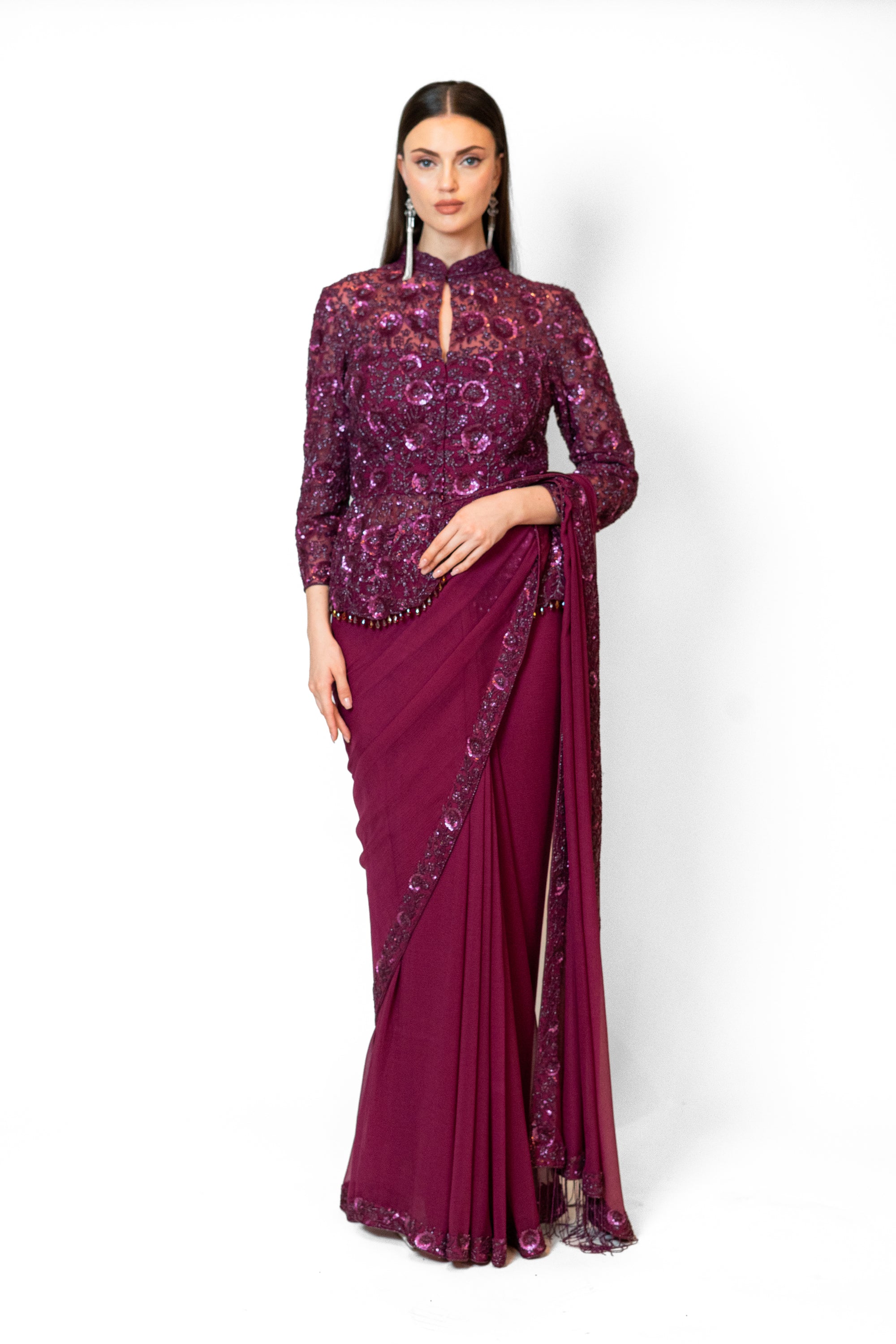 Prune Embroidered Jacket Chiffon Zaynab Sari Set