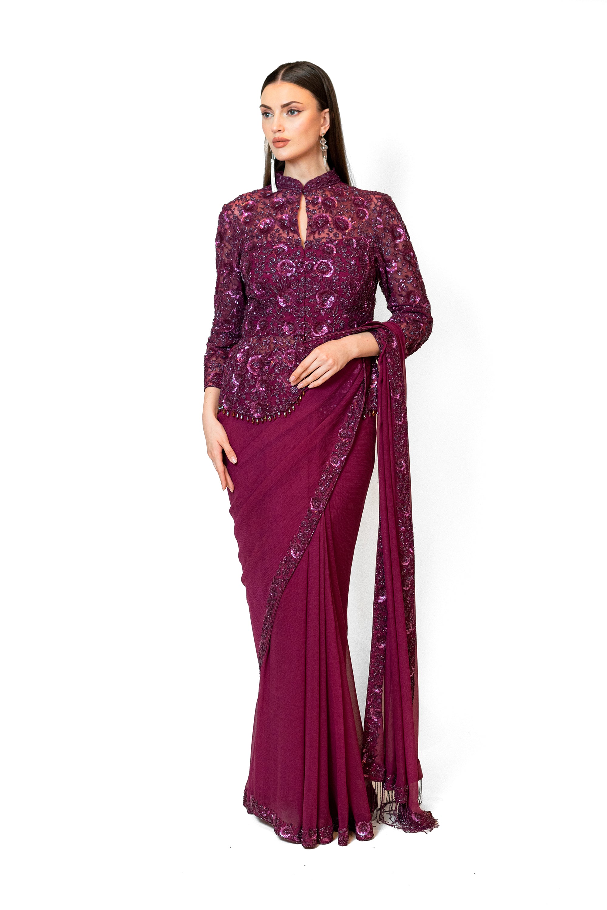 Prune Embroidered Jacket Chiffon Zaynab Sari Set