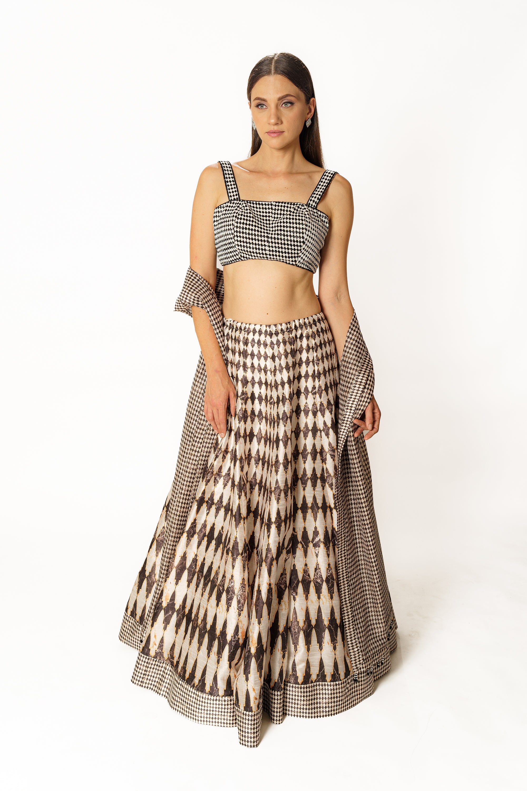 Adha black and white printed lehenga set