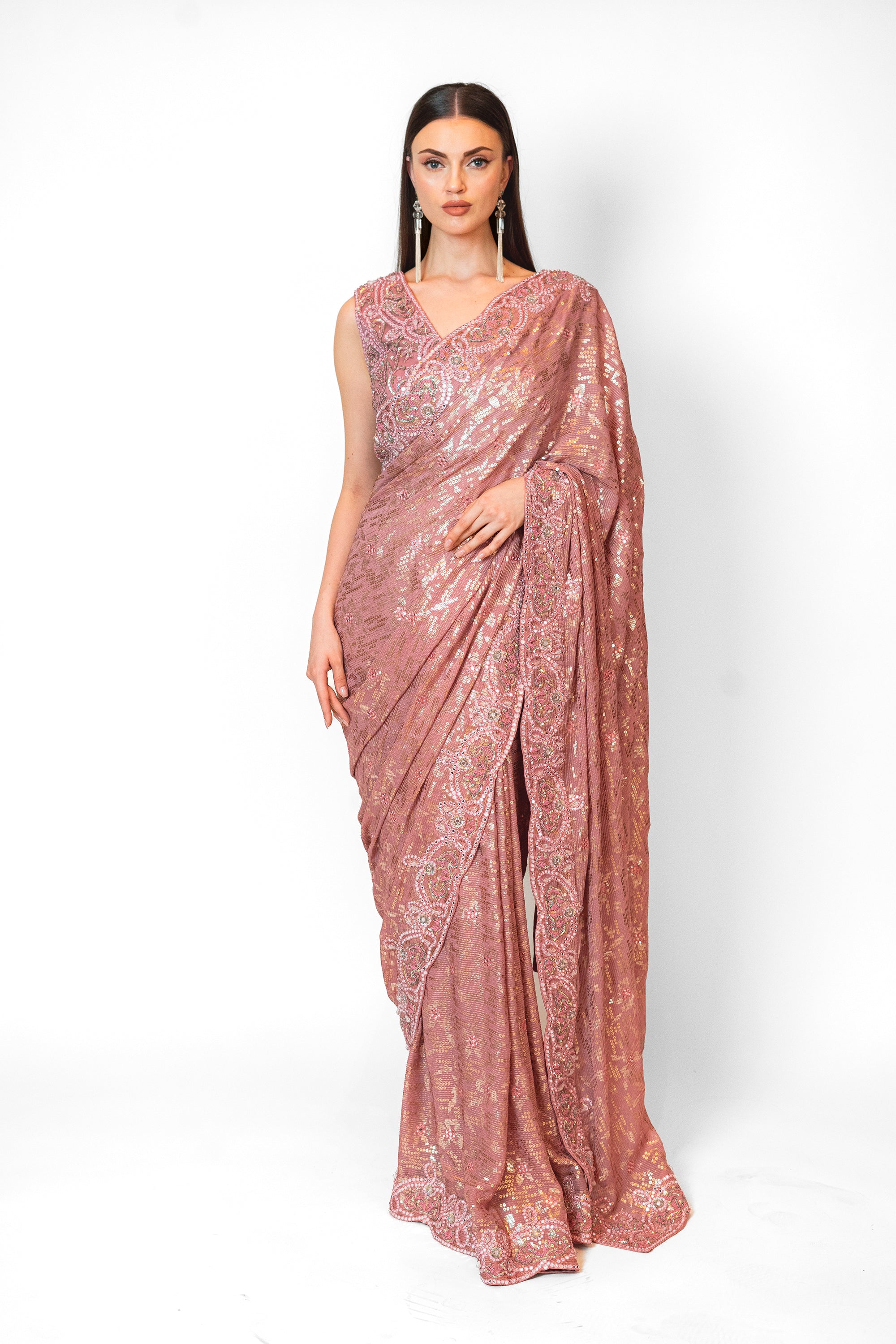 Old Rose Pink embroidered ZAYNAB SARI SET