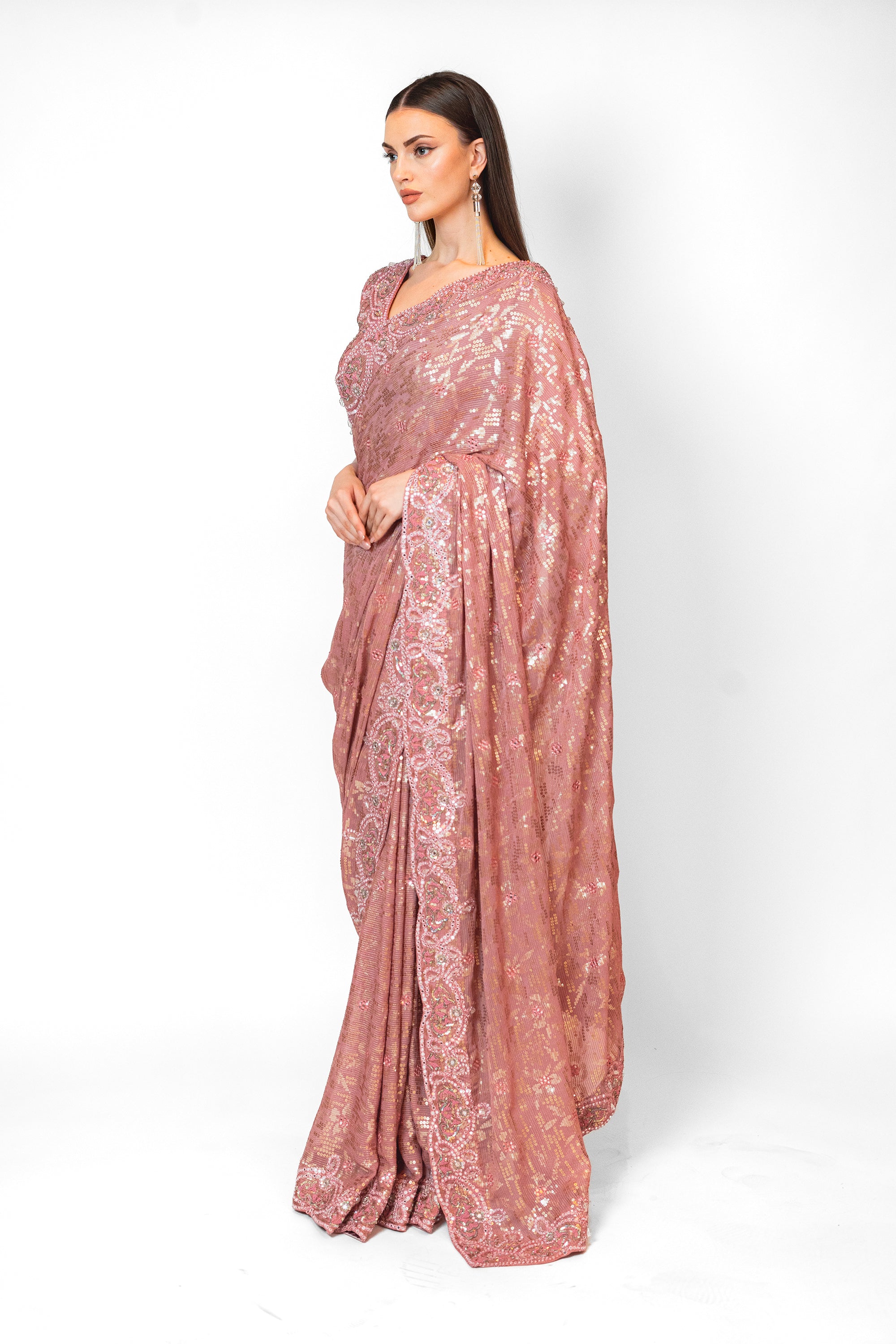 Old Rose Pink embroidered ZAYNAB SARI SET