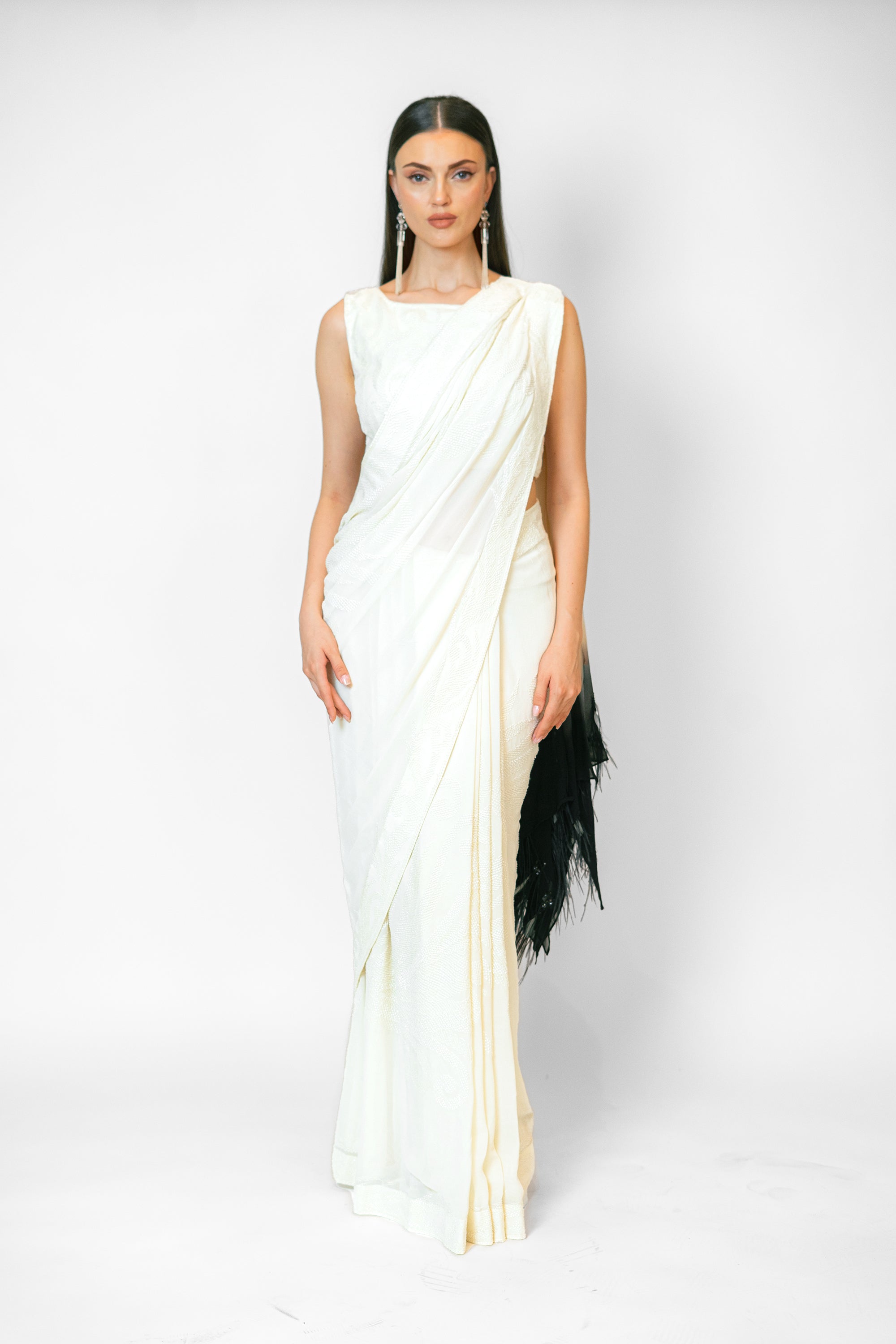 Ivory with Black Feathers Palla Georgette Zaynab Sari Set