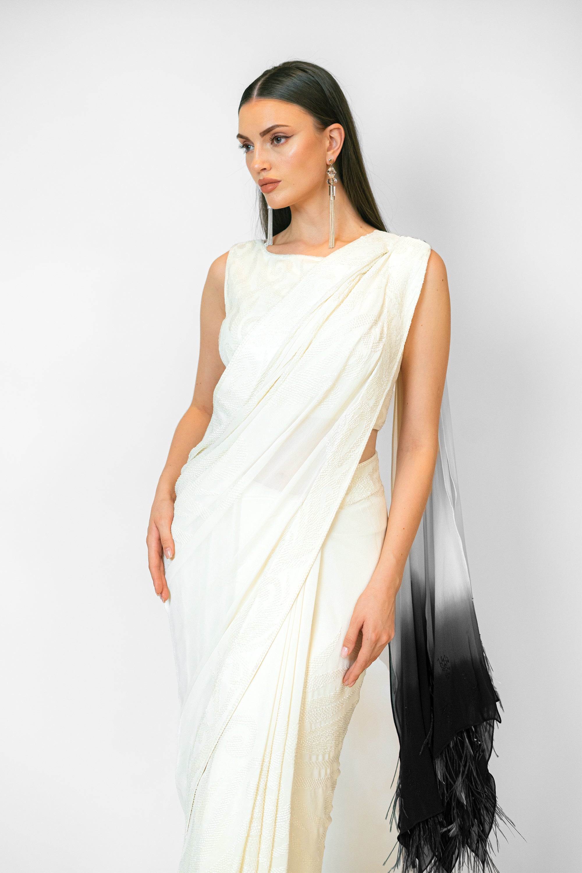 Ivory with Black Feathers Palla Georgette Zaynab Sari Set