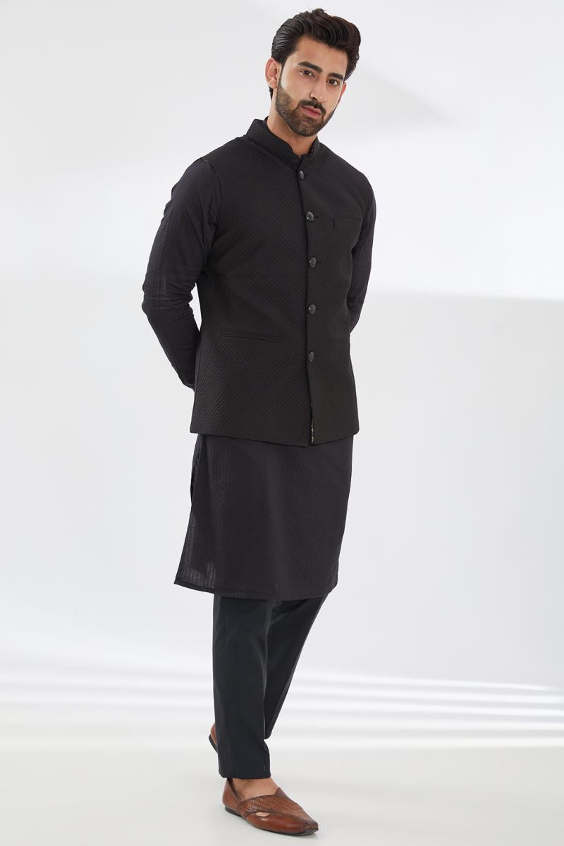 BLACK COTTON SILK KURTA AND PANTS WITH QUILTED BUNDI SET