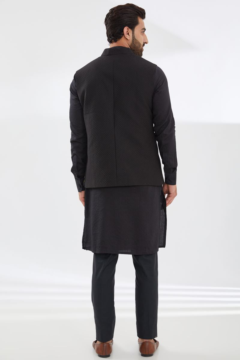 BLACK COTTON SILK KURTA AND PANTS WITH QUILTED BUNDI SET