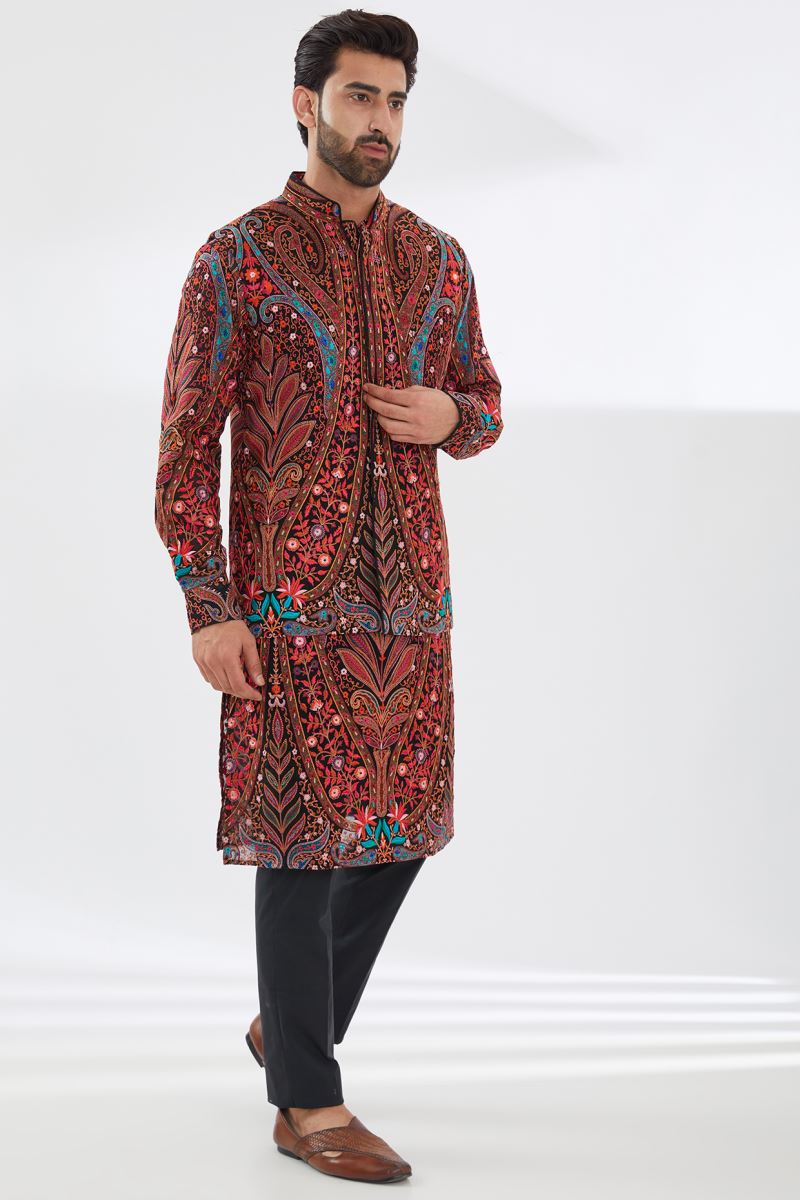 BLACK MULTI COLOR RESHAM UNLINED KURTA AND BUNDI WITH PANTS