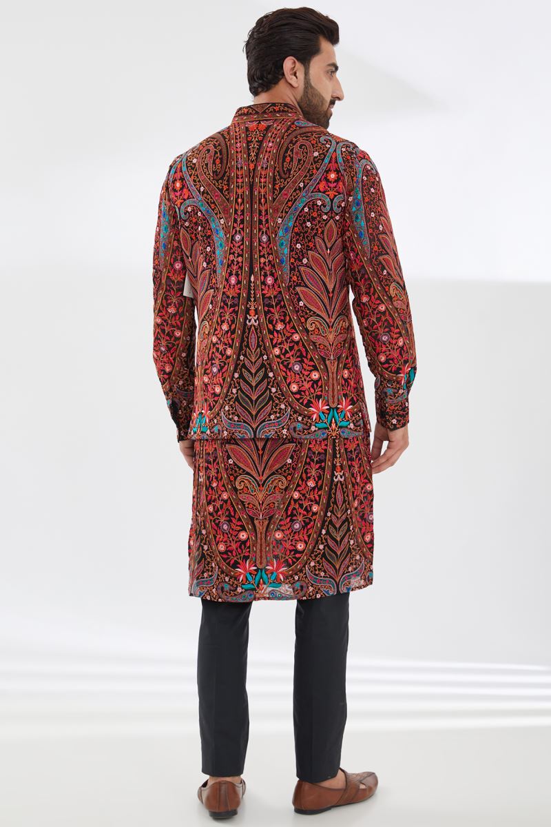 BLACK MULTI COLOR RESHAM UNLINED KURTA AND BUNDI WITH PANTS