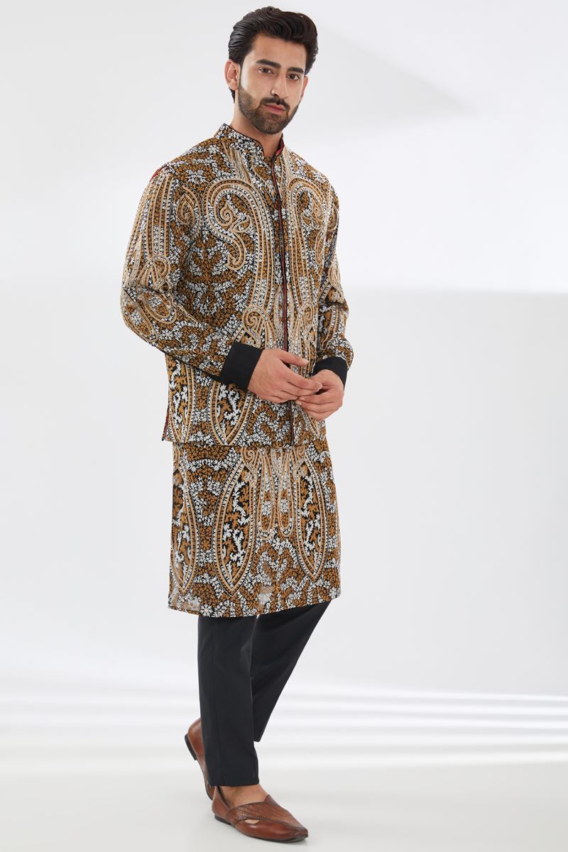 BLACK WITH IVORY/GOLD KASHMIRI EMBROIDERY KURTA BUNDI SET