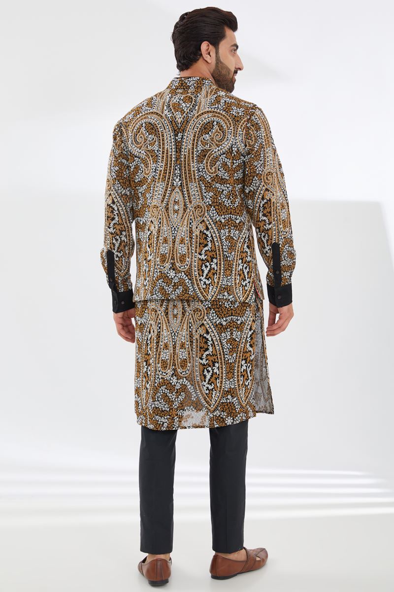 BLACK WITH IVORY/GOLD KASHMIRI EMBROIDERY KURTA BUNDI SET