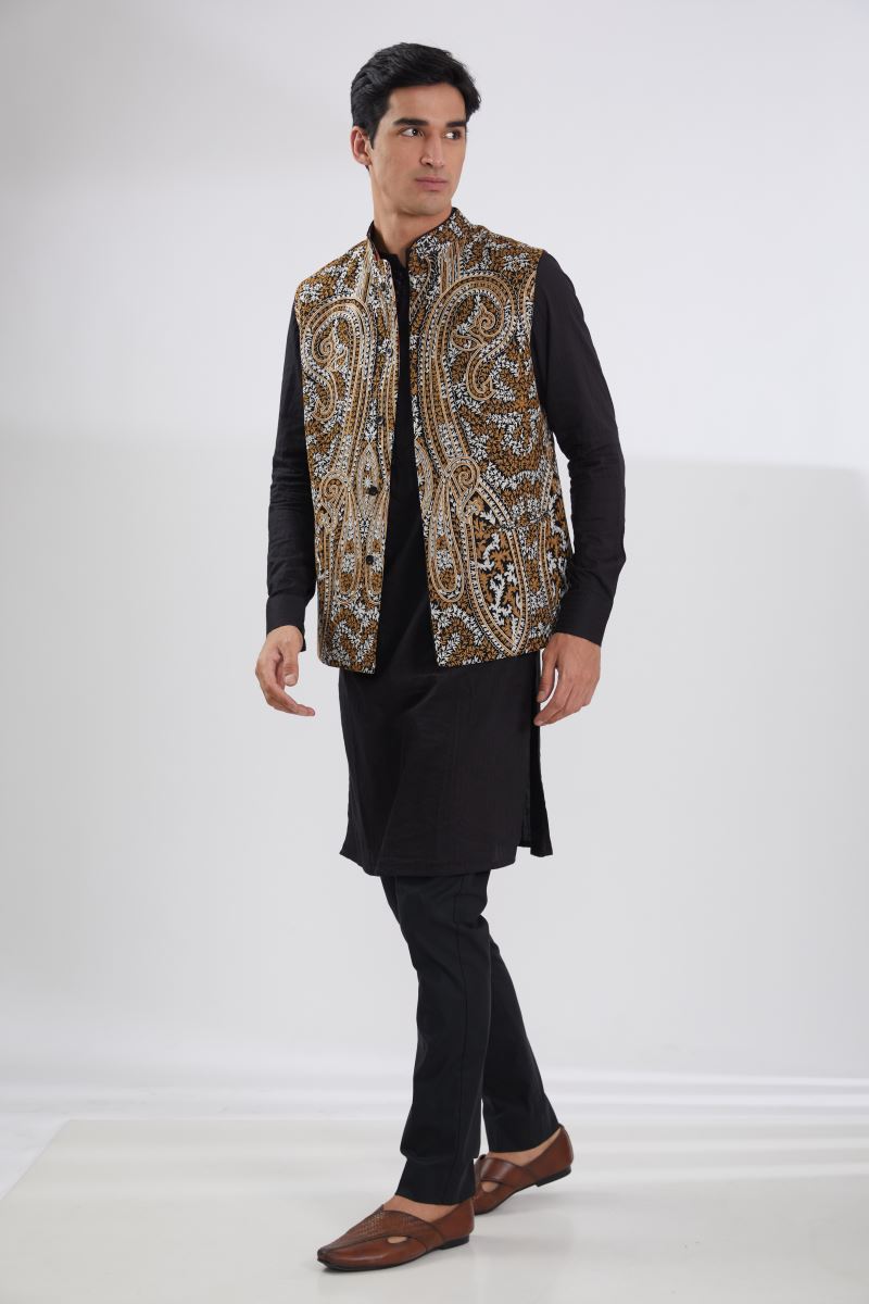 BLACK WITH MULTI RESHAM BUNDI, SELF COTTON KURTA AND PANTS