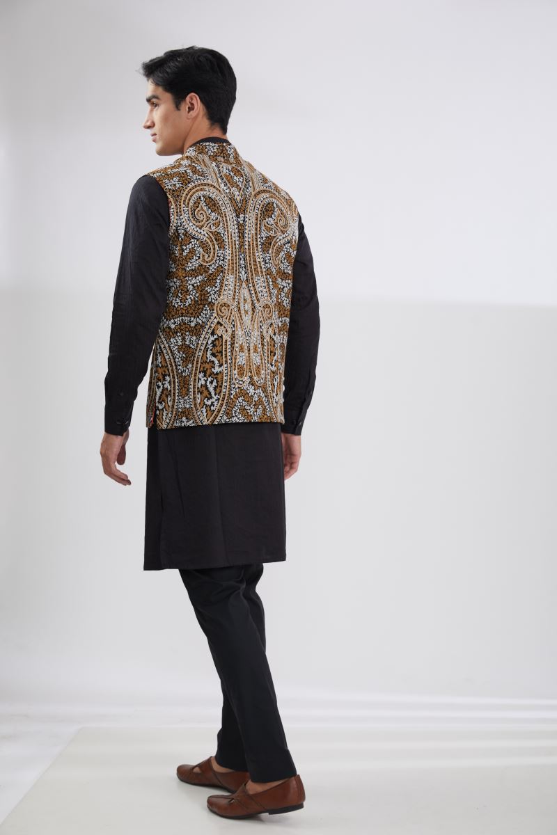 BLACK WITH MULTI RESHAM BUNDI, SELF COTTON KURTA AND PANTS