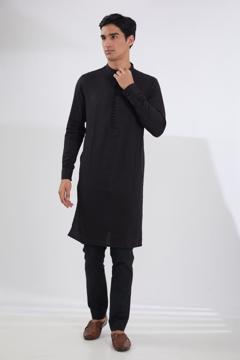 BLACK WITH MULTI RESHAM BUNDI, SELF COTTON KURTA AND PANTS