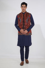 BLUE GEORGETTE MULTI RESHAM BUNDI, SELF COTTON KURTA AND PANTS