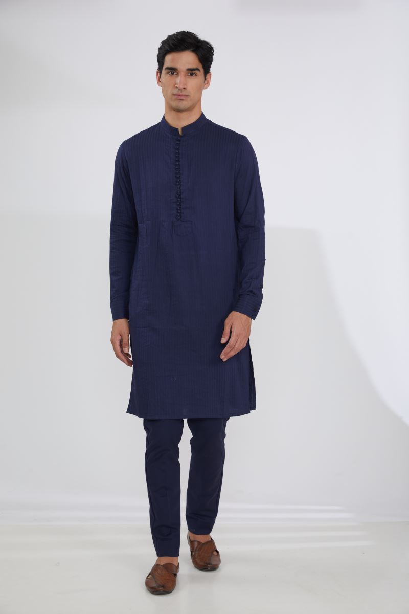 BLUE GEORGETTE MULTI RESHAM BUNDI, SELF COTTON KURTA AND PANTS