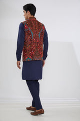 BLUE GEORGETTE MULTI RESHAM BUNDI, SELF COTTON KURTA AND PANTS
