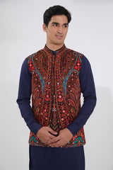 BLUE GEORGETTE MULTI RESHAM BUNDI, SELF COTTON KURTA AND PANTS