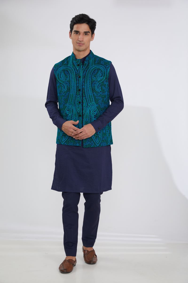 BLUE GEORGETTE WITH TURQUOISE/GREEN RESHAM BUNDI, SELF COTTON KURTA AND PANTS