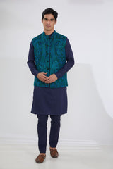 BLUE GEORGETTE WITH TURQUOISE/GREEN RESHAM BUNDI, SELF COTTON KURTA AND PANTS