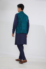 BLUE GEORGETTE WITH TURQUOISE/GREEN RESHAM BUNDI, SELF COTTON KURTA AND PANTS