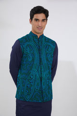 BLUE GEORGETTE WITH TURQUOISE/GREEN RESHAM BUNDI, SELF COTTON KURTA AND PANTS