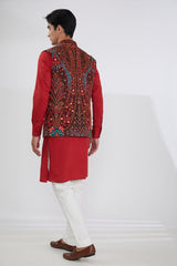 BLUE GORGETTE MULTI RESHAM BUNDI WITH RED SELF COTTON KURTA AND OFFWHITE PANTS