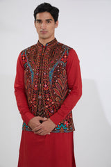 BLUE GORGETTE MULTI RESHAM BUNDI WITH RED SELF COTTON KURTA AND OFFWHITE PANTS