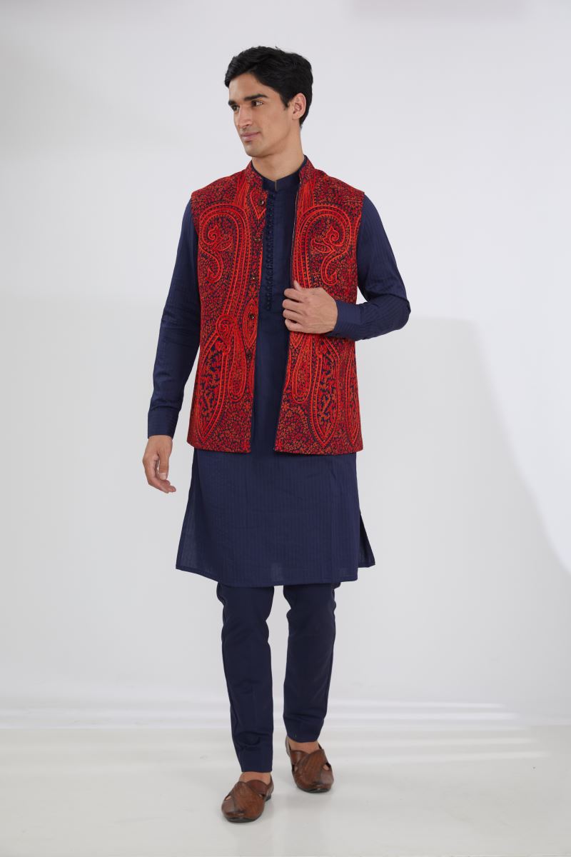 BLUE GEORGETTE WITH RED RESHAM BUNDI, BLUE SELF COTTON KURTA AND PANTS