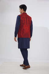BLUE GEORGETTE WITH RED RESHAM BUNDI, BLUE SELF COTTON KURTA AND PANTS