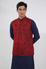 BLUE GEORGETTE WITH RED RESHAM BUNDI, BLUE SELF COTTON KURTA AND PANTS