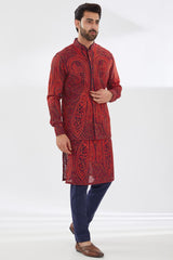 BLUE GORGETTE WITH RED RESHAM JAAL UNLINED KURTA  AND BUNDI WITH BLUE PANTS