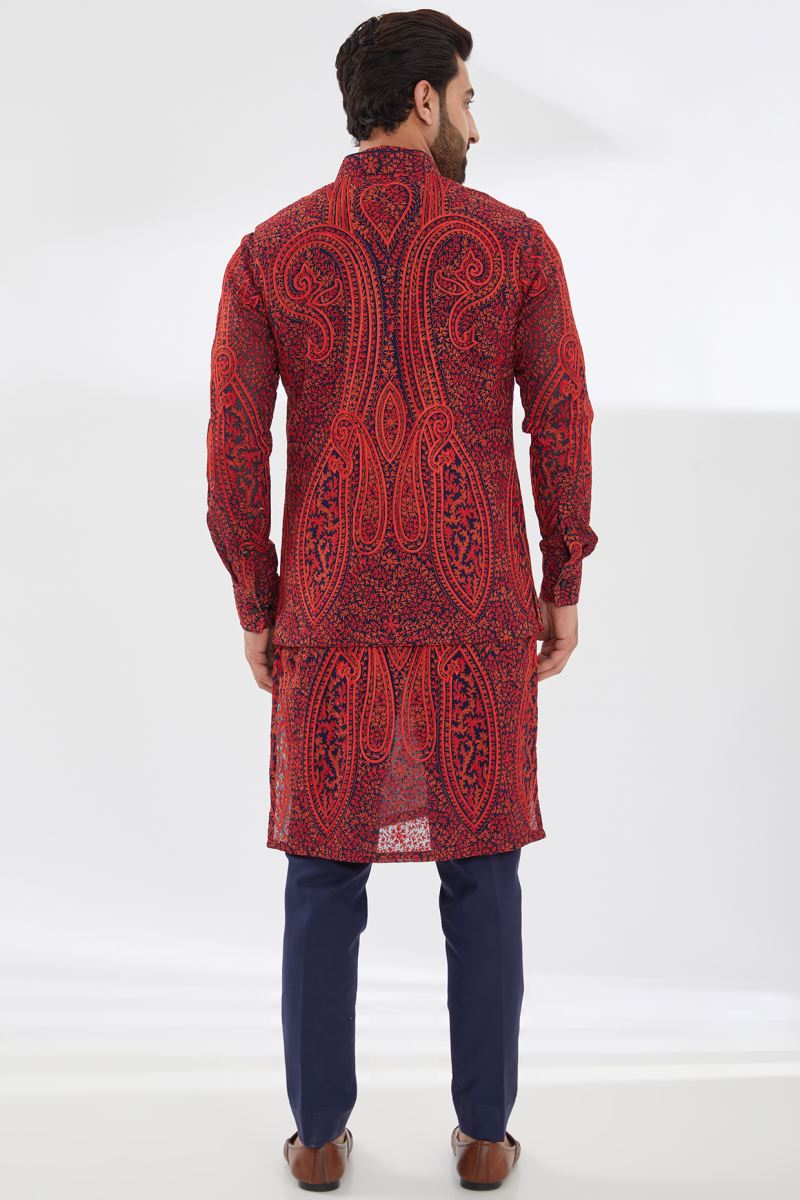 BLUE GORGETTE WITH RED RESHAM JAAL UNLINED KURTA AND BUNDI WITH BLUE PANTS
