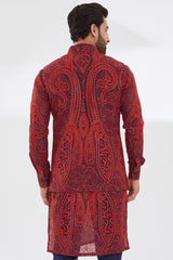 BLUE GORGETTE WITH RED RESHAM JAAL UNLINED KURTA  AND BUNDI WITH BLUE PANTS