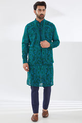 BLUE GORGETTE WITH TURQUOISE/GREEN RESHAM JAAL UNLINED KURTA AND BUNDI WITH BLUE PANTS