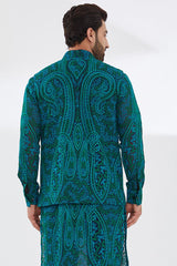 BLUE GORGETTE WITH TURQUOISE/GREEN RESHAM JAAL UNLINED KURTA AND BUNDI WITH BLUE PANTS